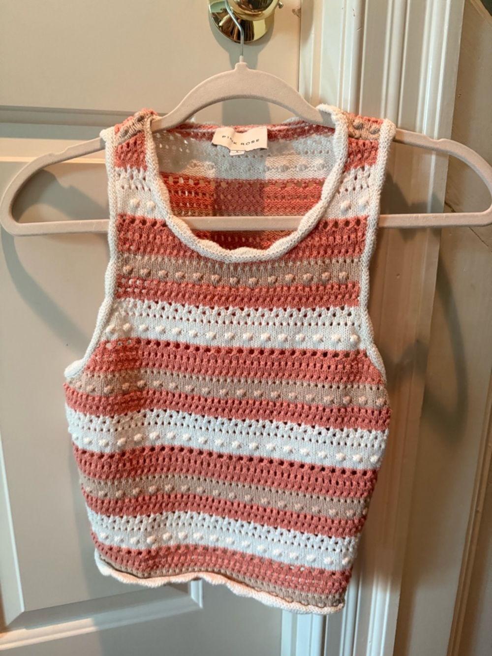 Pink Rose Striped Crochet Tank Top in Coral, White & Tan